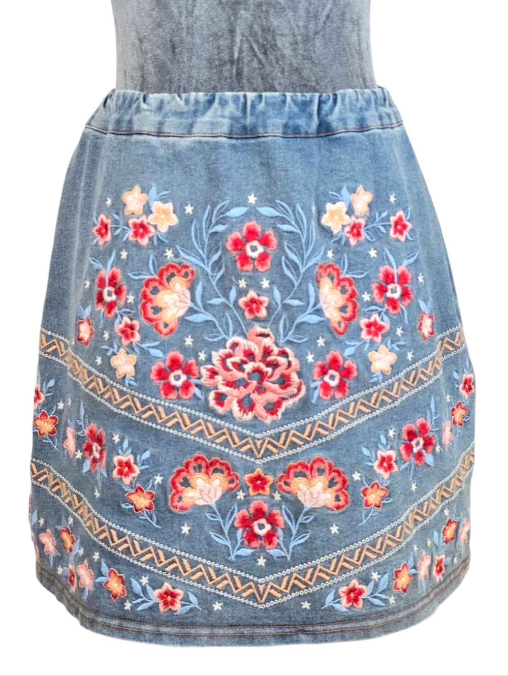 Rockin C Floral Embroidered Denim Mini Skirt Cowgirl Romance Sz S Hippie Boho - Picture 2 of 13